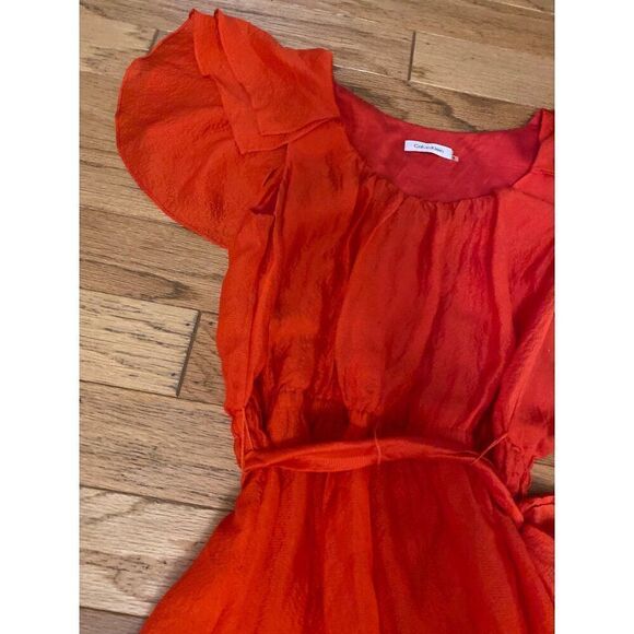 Calvin Klein Women's Red Ruffle Sleeve lined silk scoop neck tied waist Dress 2 - Picture 2 of 9